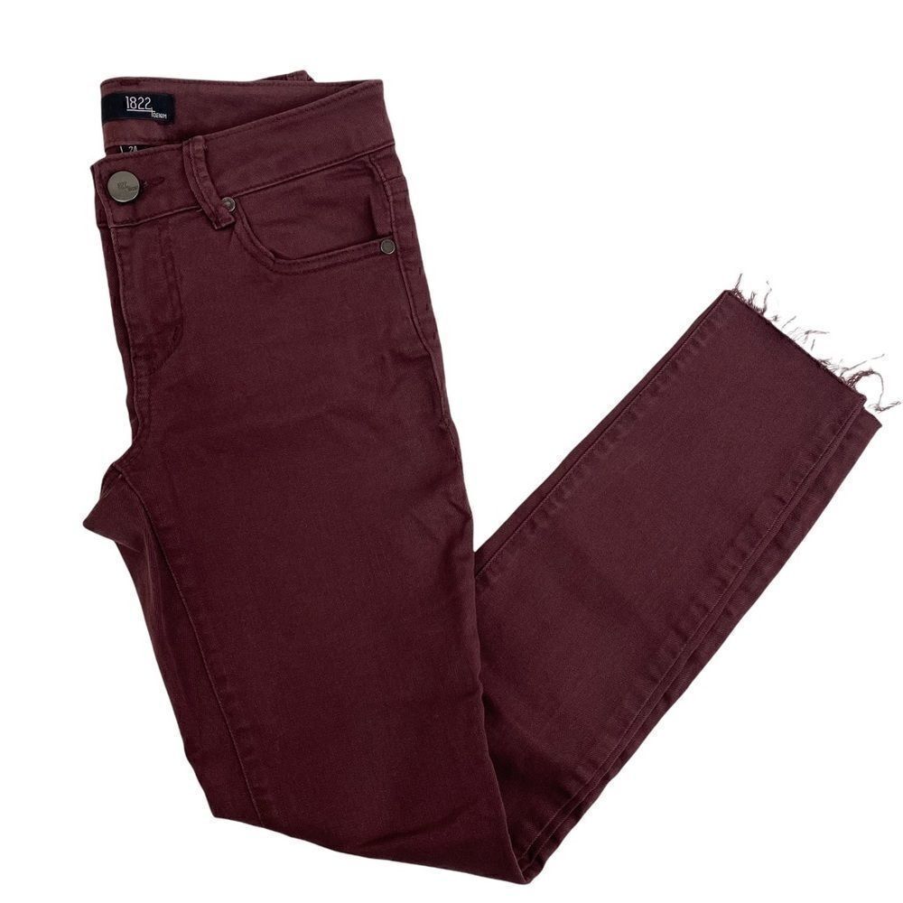 1822 Denim Skinny Jeans Sz 24 Stretch Raw Hems Maroon New WO Tag - Picture 2 of 10